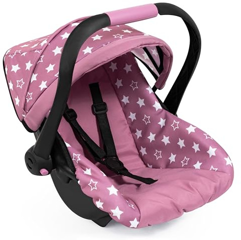 Bayer Design 67976AB dockbilstol, bilbarnstol docka, docktillbehör, med tak, justerbart handtag, sele, för dockor upp till 46 cm, för barn från 3 år