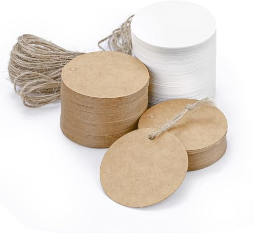 Diakey Geschenkanhänger mit Schnur, 200 weiße + 200 braune Geschenkanhänger mit 80 m Jute-Schnur, rundes Blanko-Papier, Namensschilder für Geschenktüten, Weihnachtsgeschenke, Bastelpreis, Hochzeit,
