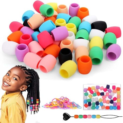 Silicone Hair Beads, 50pcs Soft Colorful Mini Hair Beads for Braids, 5/9mm Mixed Colors Pony Beads with Elastic Rubber Bands and Plastic Quick Beaders for Kids Girls Women Hair Accessories(Large Set)