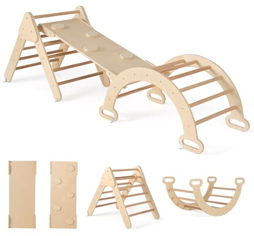RELAX4LIFE 4 IN 1 Set di Triangolo da Arrampicata per Bambini, Triangolo+Scivolo+Arco Arrampicata, Palestra Montessoriana per Bambini, 1+ Anni (Naturale)