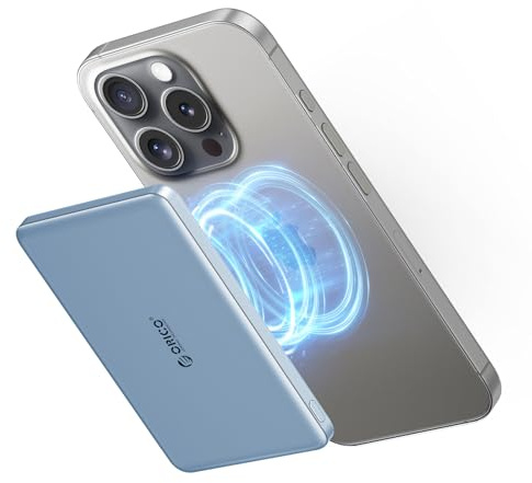ORICO Kada Power Bank Magsafe 5000mAh – Batterie Externe sans Fil avec câble USB-C, Batterie magnétique Ultra-Mince, Charge Rapide 20W PD, Compatible avec iPhone 16/15/14 Pro/Pro Max (Bleu)