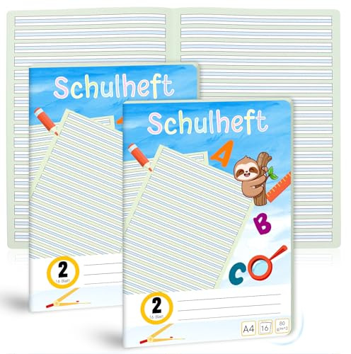 1 taccuino per imparare a scrivere, rigatura, 2 DIN A4, 1 quaderni da 16 fogli, 2 classi, come quaderno per imparare a scrivere, 100 g/m², rivestimento con angoli arrotondati, per evitare orecchie da