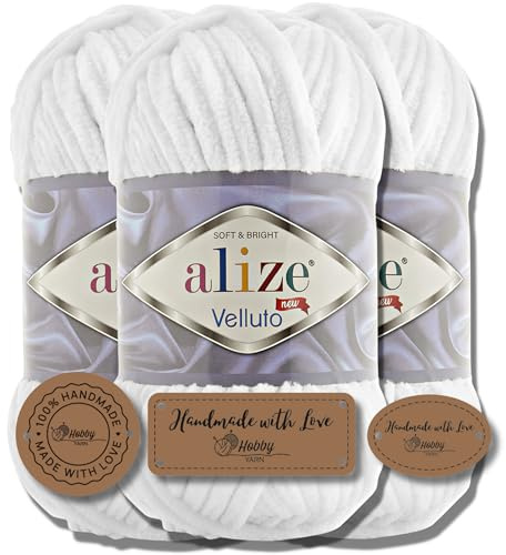 Hobby YARN 3x Etikettenlabel mit Alize Velluto Wolle Premium 3x100g als Set, Chenille Dicke Wolle zum Häkeln Uni Farbe Bulky Amigurumi Baby Kuschelwolle Filzwolle (White - 55)