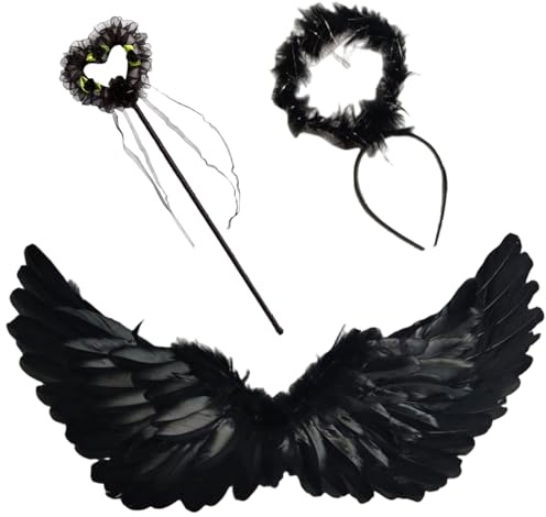 GWAWG 3PCS Children's Angel Wings Black,Angel Devil Fairy Costume Accessoires,Accessoires pour costume d'ange,Ailes d'ange en plumes,Ailes d'ange Cupidon,ailes d'ange enfant Pour carnaval, anniversair