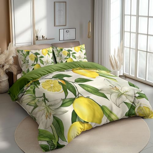 CozyRest Wendebettwäsche Grün - 3-teiliges Bettwäsche Set 200 x 200 cm + 2 Kissenbezüge 80x80 cm - Weich & Atmungsaktiv - Zitrone für Schlafzimmer Jugendzimmer Gästezimmer