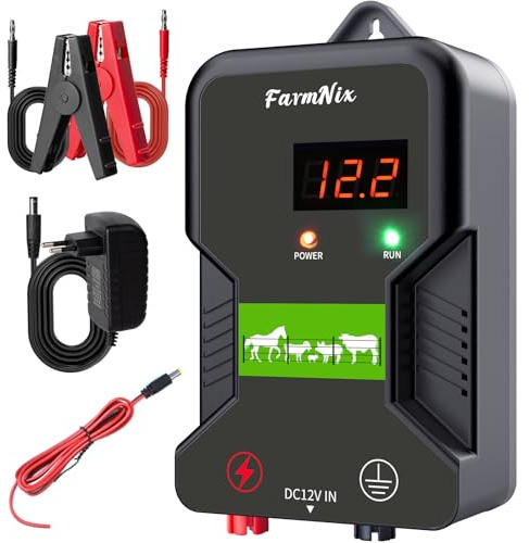 12V Weidezaungerät, 15km Reichweite mit LED Anzeige, 2 Joule 12kV Elektronisches Elektrischer Weidezaun 230V für Schutz von Nutztieren, Haustieren, Geflügel, Hausweide, Gärten (Schwarzgrau)