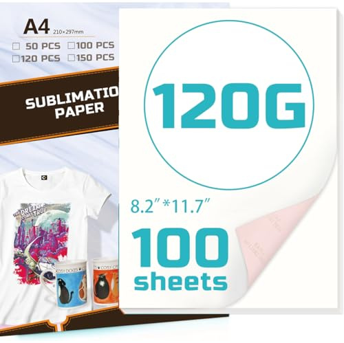 A4 Sublimationspapier 120 g/m² 100 Blatt – für Baumwolle, T-Shirts, Tassen & Glas kompatibel mit Tintenstrahldruckern 210 x 297 mm
