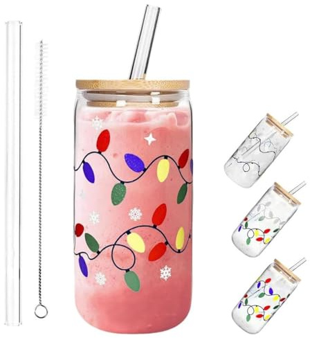 LUCKKY Color Changing Christmas Cup, Christmas Color Changing Glass Cup, 350ML Cute Glass Cups with Lids and Straws, Reusable Travel Mug for Iced Coffee Cold Water, Xmas Party Decoration Gift (A)