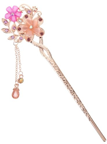 Veemoon Twin Flower Hairpin Antique Style Decorative Hair Accessory for Bun Headdress Floral Hair Sticks for Women Japanese Chinese Tassel
