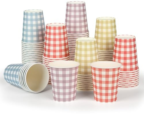 ZUQMZUQ 100 Pcs 9oz Gingham Party Paper Drinking Cups，Easter Party 4 Colors Disposable Plaid Paper Cups for Easter, Baby Shower, Wedding, Birthday Parties, Outdoor Gatherings
