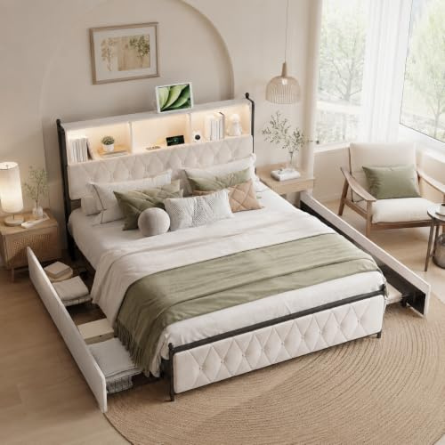 PerGar Polsterbett 180x200cm Beige mit 4 Schubladen, LED & USB, Samt | Gestepptes Kopfteil mit Beleuchtung & Ladestation, elegantes Doppelbett Stauraumbett für modernes Schlafzimmer