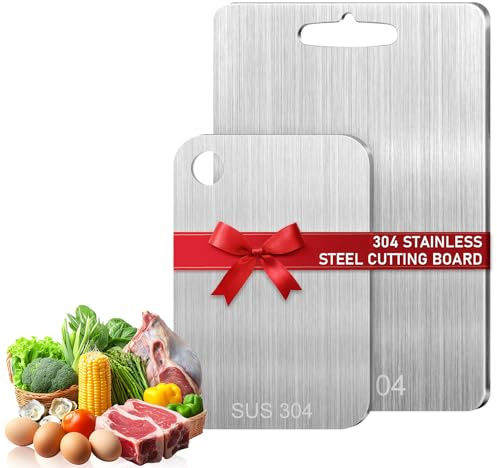 TPVUPC 2 tablas de cortar de acero inoxidable, 304, tablas de cortar de acero inoxidable, tabla de cortar multifunción, doble cara para alimentos, tablas de cocina para 32 x 23 cm, plateado