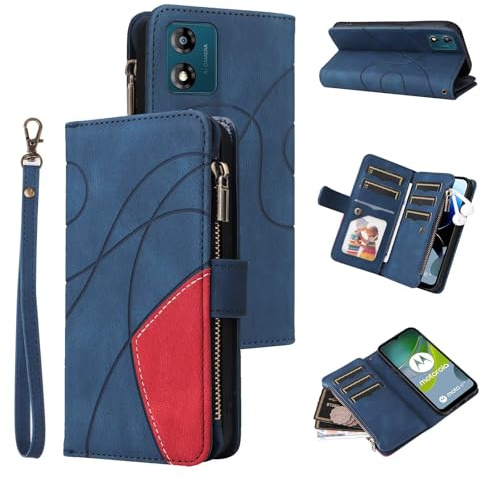 Funda para Motorola Moto E13, Estilo Retro, con Cremallera, Piel sintética, Suave, Cierre magnético, 9 Tarjetero, función Atril, Cartera con Correa, Azul
