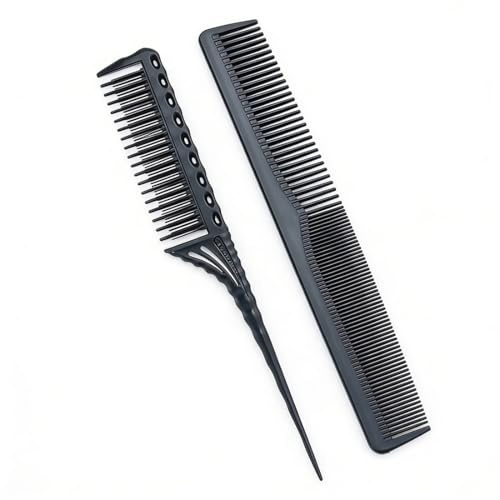 Peines de cola, 2 piezas, de fibra carbono peine cola rata, dientes finos, pintail de mechón, resistente al calor, antiestático, diferentes tipos pelos