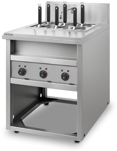 VERTES Cuocipasta con stand Professionale in Acciaio Inox, Elettrico, 3x 1700W, 3 Vasche di Cottura Separate da 14 Litri ciascuna, 6 Cestelli per la Pasta, 3x Rubinetto di Scarico