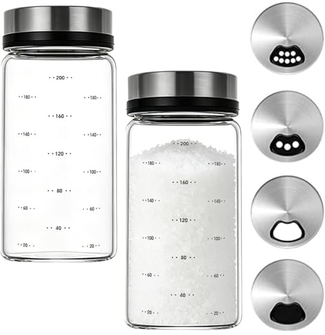 2 pcs Salt Shakers 200ML - Clear Heat-Resistant Glass Seasoning Shaker with 4 Adjustable Pour Holes Rotating Lid, Moisture Resistant Dispenser Seasoning Spice Bottle for BBQ Kitchen Camping Farmhouse