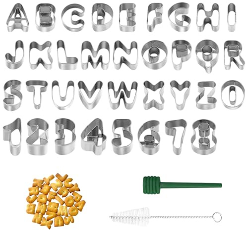 35 Stück Buchstaben Ausstecher, Ausstechformen Buchstaben und Zahlen Ausstecher Edelstahl Cookie Cutters Set, Plätzchenformen mit Reinigungsbürste und Entformungsstab für Kekse Fondant