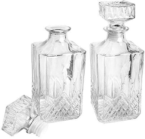 Caraffa in vetro Elegance | Decanter | 2 pezzi | 9 cm x 9 cm x 23 cm (con tappo) | 900 ml | ideale per whisky, cognac, liquore, caraffa da whisky