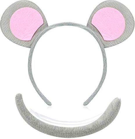 WILLBOND Mouse Ears Headband Tail Set, Gray Pink Animal Costume | 2 Piece Set with Plush Ears and Tail, Animal Dress up Set, Ideal for Halloween Costume Parties and Themed Events