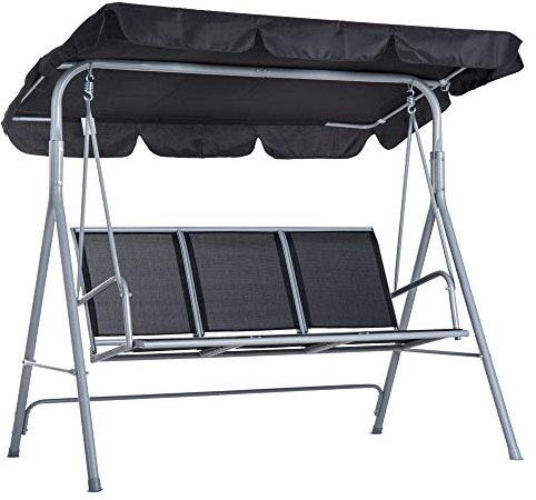 Outsunny Dondolo da Giardino a 3 Posti in Metallo, Tetto Parasole Rimovibile e Lavabile, Nero e Argento, 171x108x154cm