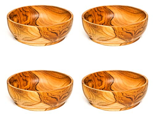 Rainforest Bowls Set of 4 7 Large Round Footed Javanese Teak Wood Bowls- Perfect for Everyday Use, Hot & Cold Friendly, Ultra-Durable- Premium Solid Wooden Bowls Handcrafted by Indonesian Artisans