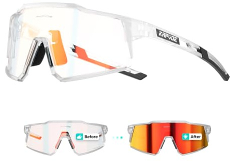 KAPVOE Selbsttönende Fahrradbrille UV400 TR90 Herren Damen K9022 | Klar zu Schwarz photochromatisch CAT.0-CAT.2, UV400 Wraparound, leichter TR90 Rahmen