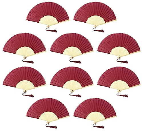 FANSOF.FANS Pack of 10 Chinese Folding Hand Fans – Silk Fabric Handheld Fan with Bamboo Ribs & Tassel, Wedding Fans for Guests, Bridal Shower & Hen Party Favours, Paper Fan Style Wedding Props
