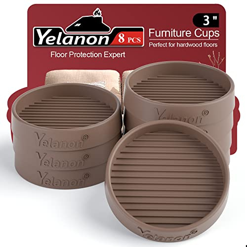 Yelanon Furniture Coasters - 8 Pcs 3”Round Furniture Caster Cups - Non Slip Pads Hardwood Floors Non Skid Grippers Rubber Furniture Feet - Anti Slide Floor Protector for Bed Couch Stoppers Brown