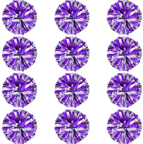 Vegove 12 Pcs Cheerleading Pom Poms Bulk, Plastic Metallic Foil Cheer Hand Flowers, Cheerlead Pompoms for Sports Team Ball Game, 12 Inch (Purple/Sliver)
