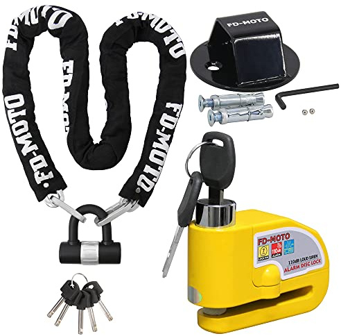 FD-Moto Chain Lock + Yellow Alarm Brake Disc Lock + Ground Anchor (2 Bolts) | 1.5M*10mm Black/White Steel Heavy Duty for Motorbike Motorcycle Scooter Bike Bicycle