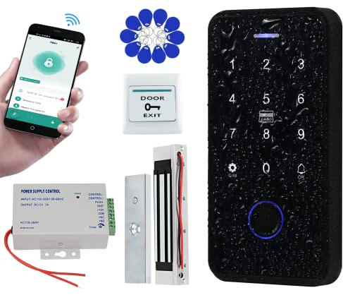 QTTYELOK Bluetooth Tuya Système de Contrôle d'accès Kit Imperméable RFID Clavier Empreinte Digitale Biométrique + 180KG / 350lbs Serrure électromagnétique + 10pcs 13.56mz Porte Clés