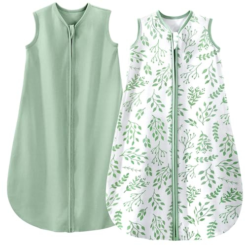 Yoofoss Paquete de 2 Saco de Dormir para Bébé de Verano 0.5 TOG 100% Algodón transpirable Saco de Dormir 78 cm para Neutral Niñas Niños 6-12 Meses- Patrón Verde+hojas