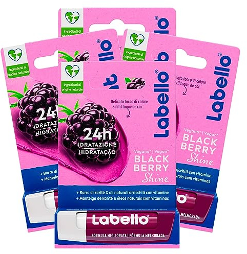 Labello Blackberry Shine Lippenbalsam, farbig, mit dem Duft von Brombeeren Lippenbalsam, feuchtigkeitsspendend, 24 Stunden, mit natürlichen Inhaltsstoffen und Sheabutter – 4 Stäbchen