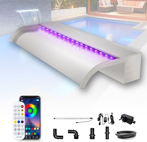 Longrun Set di Lame per Cascata per laghetto da 60cm,troppopieno per Cascata Curvo in Acciaio Inossidabile,Fontana per Piscina Esterna con luci LED a 7 Colori e Telecomando,Larghezza 25.5cm