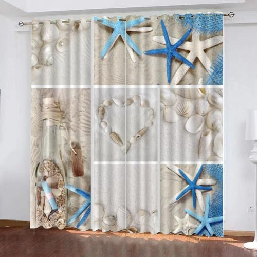 GIOVIA 3D Maritime Vorhänge Abdunkelnde Strand Seestern Kindervorhänge Vorhang mit ösen 2er Set Gardinen Blickdicht Verdunkelungs für Kinderzimmer Schlafzimmer Wohnzimmer B 110 X H 95 cm
