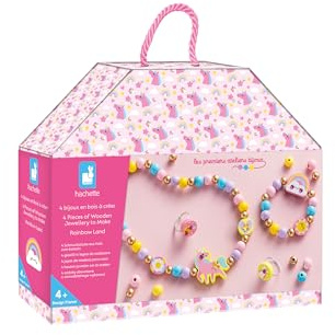 Janod - 4 träsmycken för att skapa Rainbow Land - de första smyckesverkstäderna - DIY-smyckesdesign - Kreativt fritidsset för barn - Finmotorik och koncentration - Från 4 år - J09129
