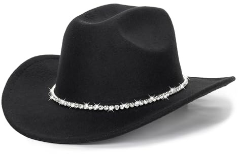 Chapeaux de Cowboy à Paillettes argentées et Noires pour Femmes, Chapeau de Cowgirl Western à Strass étincelants, Taille M/L, 7-7 1/4
