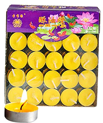 Duiaynke 100 velas redondas sin humo, 1 hora de duración, velas de té tibetanas budistas para iglesia budista tibetana, velas de manteca de ghee para boda, meditación, rituales, altares (amarillo)