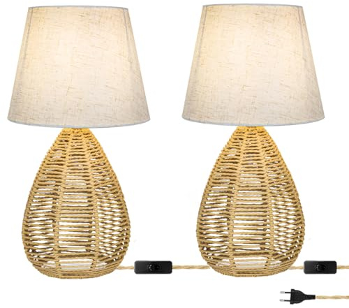 Tischlampe aus Bambus Retro Nachttischlampe mit Stecker und Schalter Dekor E14 Tischleuchte Stoff Schirm und Handgefertigte Gewebte Base Leselampe mit 1.5M Kabel für Schlafzimmer Arbeitszimmer (2)