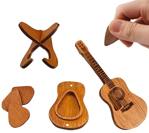 Guitar Pick Holder, Guitar Pick Case with 3 Guitars Picks, Wooden Acoustic Guitars Picks Box Storage Container, Music Art Gift for Guitar Ukulele Lover for Anniversary ﻿