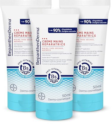 Crème mains réparatrice Intense - Peaux très sèches et abîmées - Soin réparateur peaux sensibles au beurre de karité et huile d'argan - Formule Non Grasse - Absorption Rapide - BepanthenDerma - 3x50ml