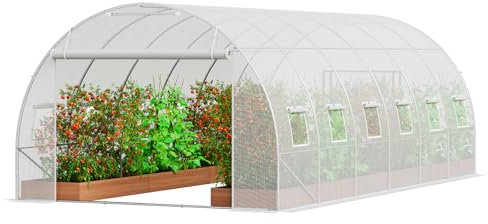 VEVOR Serre Tunnel Jardin, 590x295x198 cm, Tente Abri Plantes avec Cadre en Acier Galvanisé, Couverture en PE Blanche, Porte à Glissière Enroulable, 12 Fenêtres, pour Extérieur Cultiver Légumes Fleurs