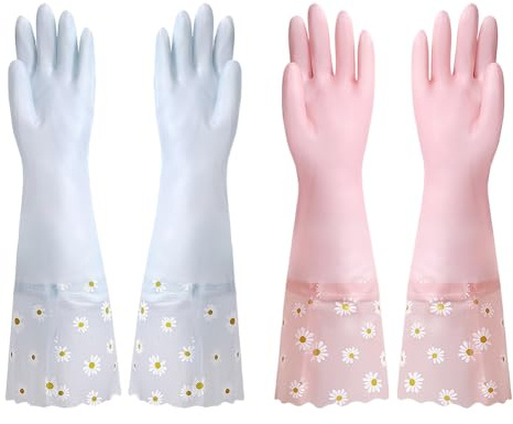FSSTUD 2 Pairs Flower Rubber Cleaning Gloves Long Cuff Waterproof Household Dishwashing Gloves Kitchen Laundry Folding Gloves