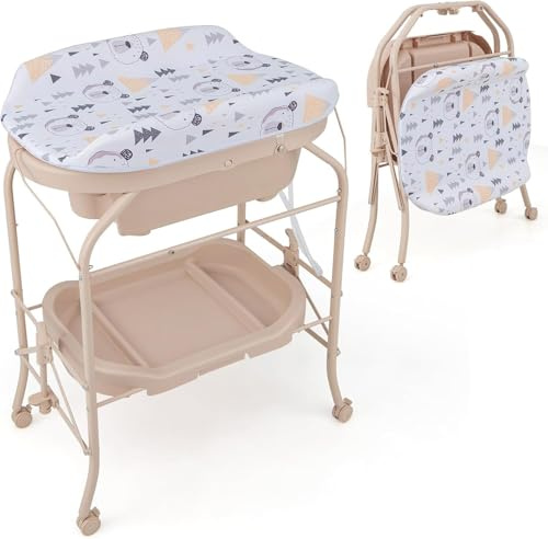RELAX4LIFE 2 in 1 Fasciatoio con Vaschetta Bagnetto per Neonato, Fasciatoio Pieghevole con 4 Ruote Bloccabili, Bagnetto per Neonati 0-12 Mesi, Carico 15KG (Beige)