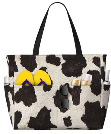 KCGSDEGV Strandtasche für Damen, mit Kuhfell-Aufdruck, wasserdichte Handtaschen, Schultertaschen mit Reißverschluss und Tasche für Reisen, Schule, Arbeit, Einkaufen, Schwarz , Einheitsgröße