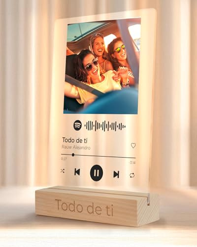 REGALOCREATIVO Placa Spotify Personalizada. Texto en Color Negro 10x15 cm. Cuadro en Metacrilato con Base de Madera. Canción, Texto e Imagen. Regalos Originales Ideales