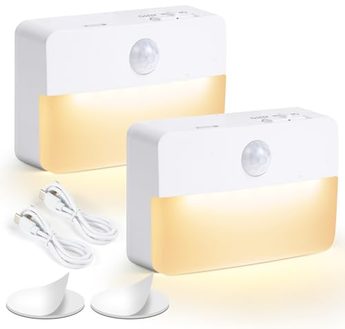 HOTUT Luces con sensor de movimiento para interiores, paquete de 2, luz nocturna LED recargable por USB, luz con sensor de movimiento (auto/encendido/apagado), tira magnética extraíble, luz