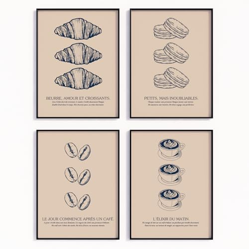 MJ-GRAPHICS® 4er Poster-Set Küche Bilder Kaffee Poster Fine-Art Croissant Französisches Café Posterset Macaron Bohnen Paris Bistro Wandbild Küchenbild Esszimmer Café-Ecke Büro A4 ohne Rahmen