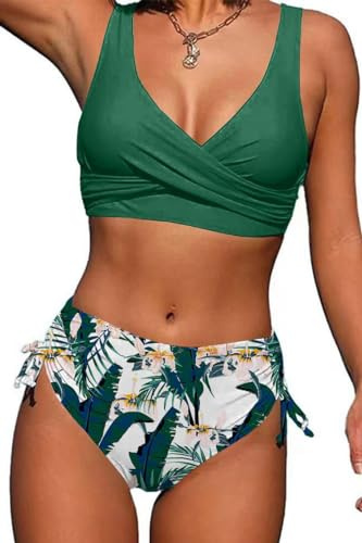 Joligiao Mujer Conjunto de Bikini Cintura Alta Fruncido Traje de Baño Dos Piezas Twisted Bañador de Baño Bikini Bottoms Control de Vientre Ropa de Playa Conjuntos de Bikini(Estampado Verde,XXL)
