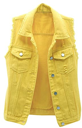 Jeansväst dam överdimensionerad motorcykelväst dam jeans, fritidsväst sommar denim västar med fickor arbetsväst enfärgad bikerväst revers jeansjacka väst lös fiskarväst denimjacka, GUL, L